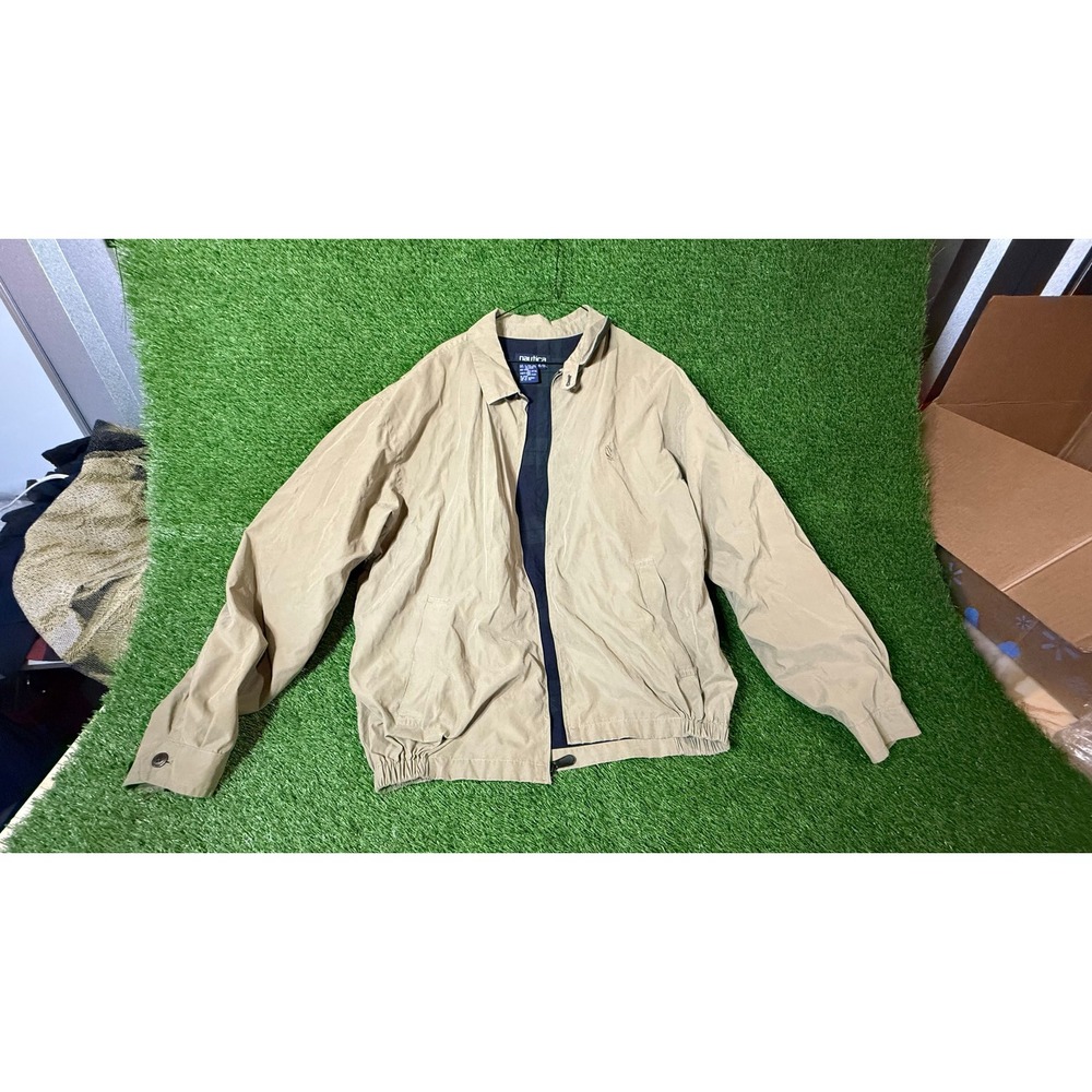 Nautica Mens Tan Zip Up Collared Lightweight Jacket Plaid Lined Casual Outerwear
